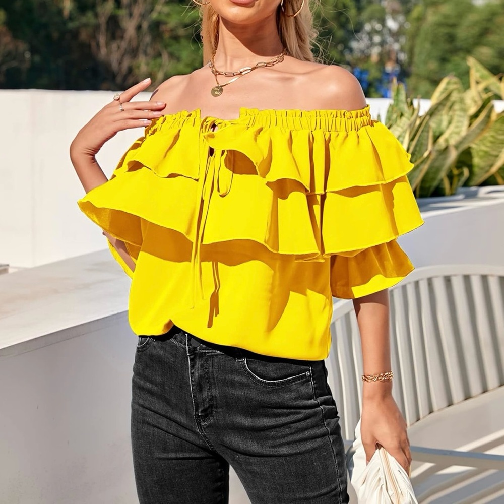 Collection B Yellow Ruffled Off-Shoulder Blouse - Picture 4 of 6